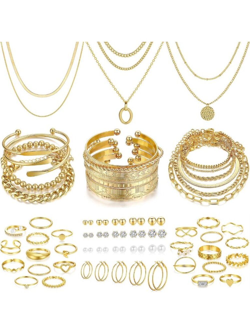 68-Piece Gold Jewelry Set for Women - Necklaces, Bracelets, Earrings & Rings